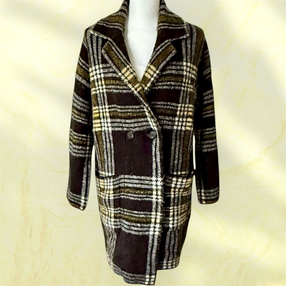 EUC! COCO & CARMEN  BLACK AND GOLD PLAID DOUBLE BREAST PEA COAT